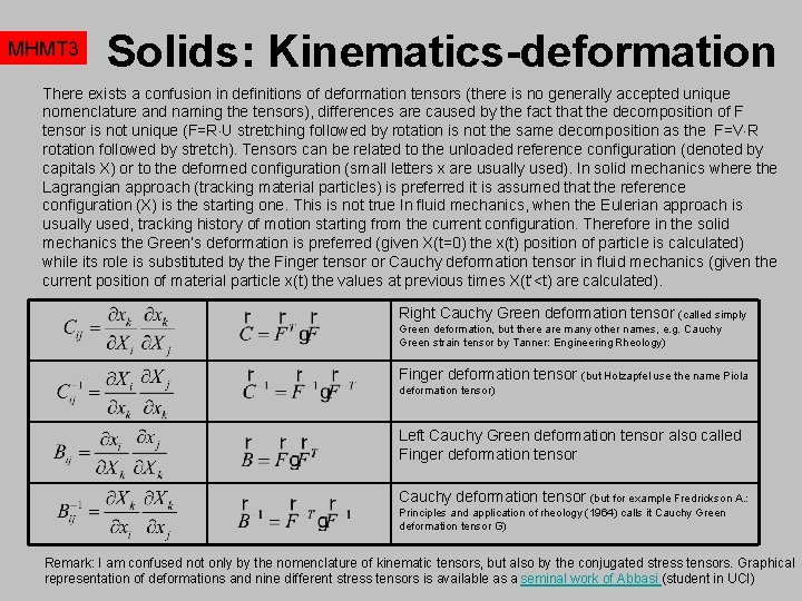 MHMT 3 Solids: Kinematics-deformation There exists a confusion in definitions of deformation tensors (there