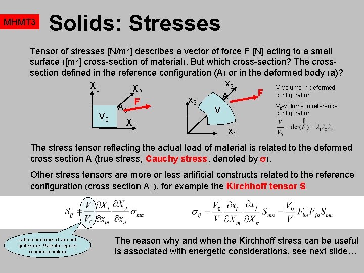 MHMT 3 Solids: Stresses Tensor of stresses [N/m 2] describes a vector of force