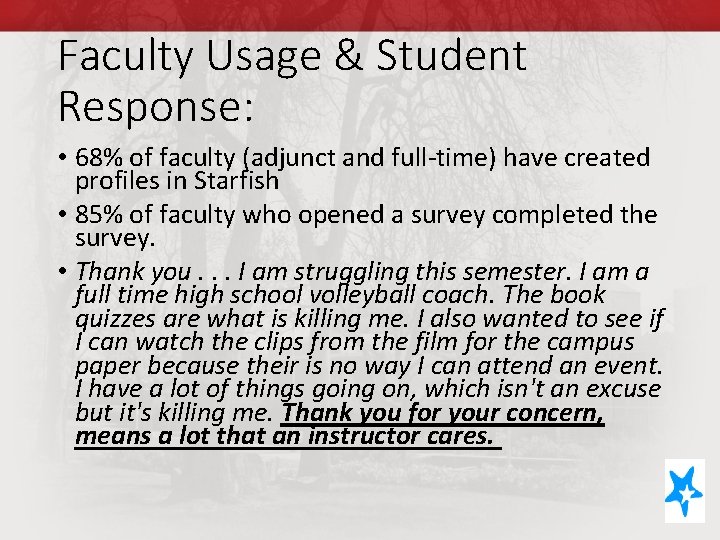 Faculty Usage & Student Response: • 68% of faculty (adjunct and full-time) have created