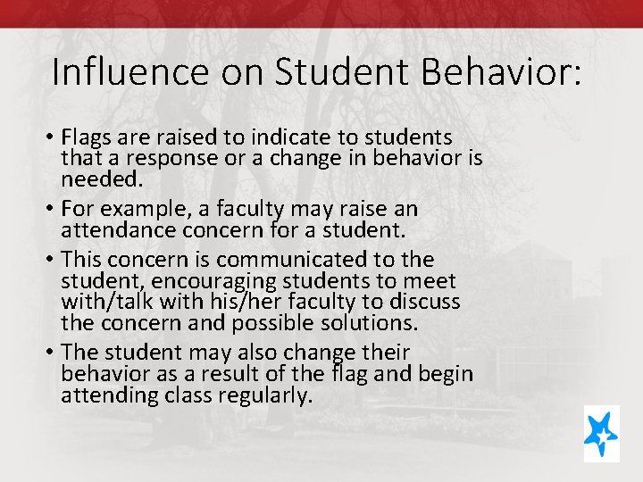 Influence on Student Behavior: • Flags are raised to indicate to students that a