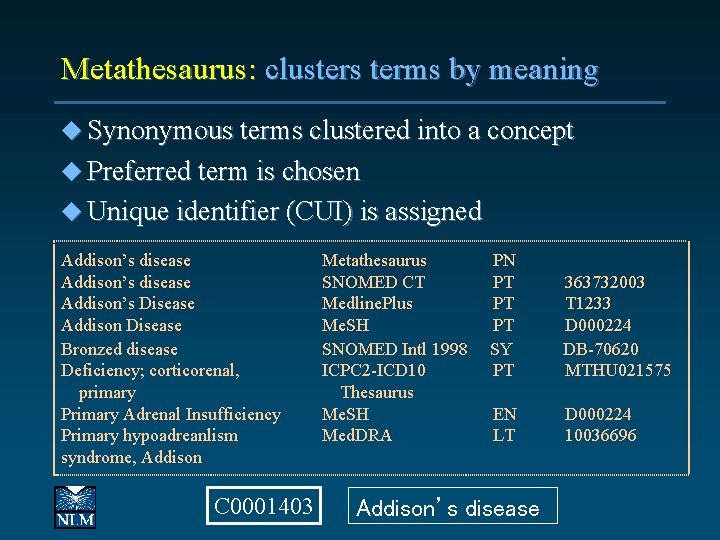 Metathesaurus: clusters terms by meaning u Synonymous terms clustered into a concept u Preferred