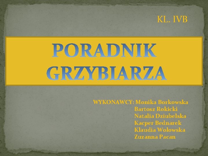 KL. IVB WYKONAWCY: Monika Borkowska Bartosz Rokicki Natalia Dziubelska Kacper Bednarek Klaudia Wolowska Zuzanna