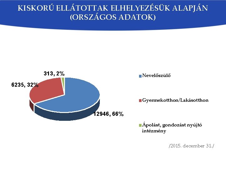 KISKORÚ ELLÁTOTTAK ELHELYEZÉSÜK ALAPJÁN (ORSZÁGOS ADATOK) 313, 2% Nevelőszülő 6235, 32% Gyermekotthon/Lakásotthon 12946, 66%