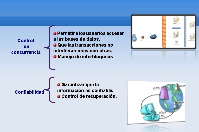 Control de concurrencia Confiabilidad Permitir a los usuarios accesar a las bases de datos.