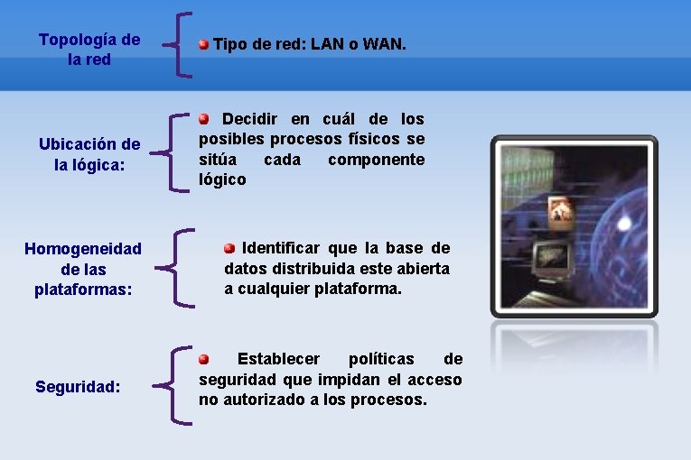 Topología de la red Tipo de red: LAN o WAN. Ubicación de la lógica: