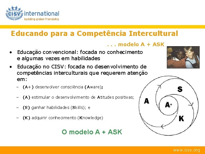 Educando para a Competência Intercultural. . . modelo A + ASK • Educação convencional: