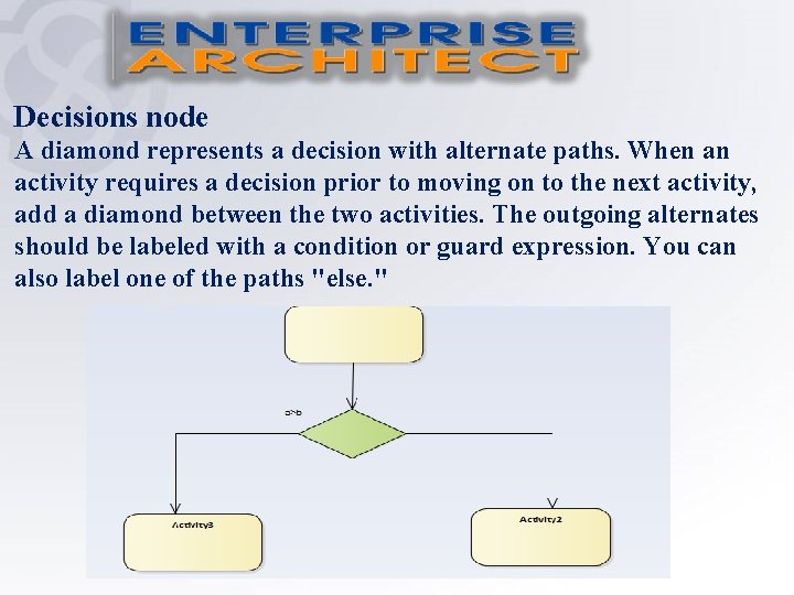 Decisions node A diamond represents a decision with alternate paths. When an activity requires