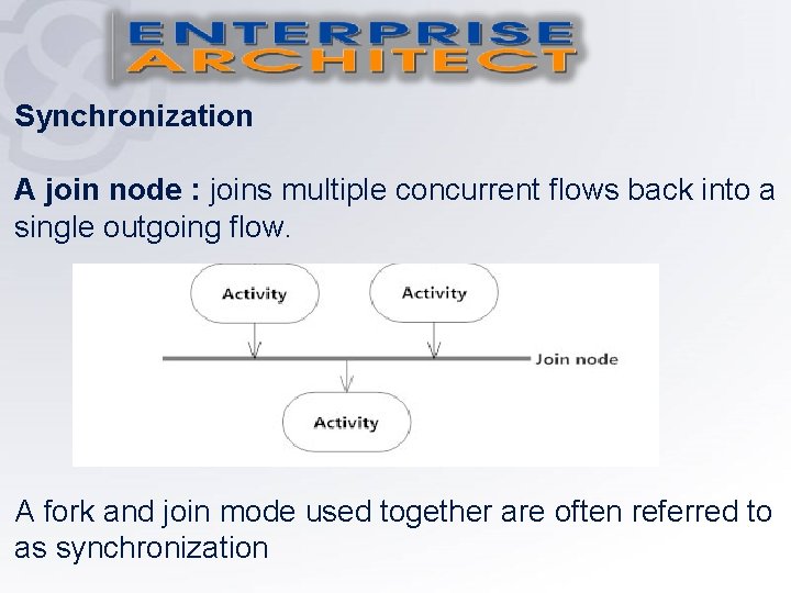 Synchronization A join node : joins multiple concurrent flows back into a single outgoing