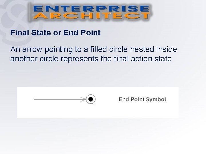 Final State or End Point An arrow pointing to a filled circle nested inside