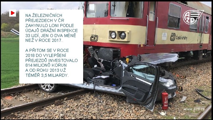 NA ŽELEZNIČNÍCH PŘEJEZDECH V ČR ZAHYNULO LONI PODLE ÚDAJŮ DRÁŽNÍ INSPEKCE 33 LIDÍ, JEN