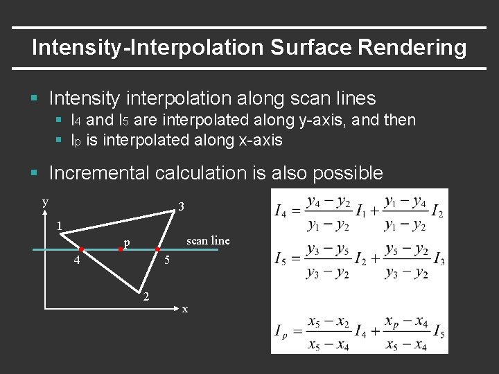 Intensity-Interpolation Surface Rendering § Intensity interpolation along scan lines § I 4 and I