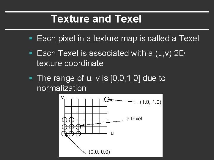 Texture and Texel § Each pixel in a texture map is called a Texel