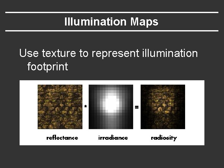 Illumination Maps Use texture to represent illumination footprint 