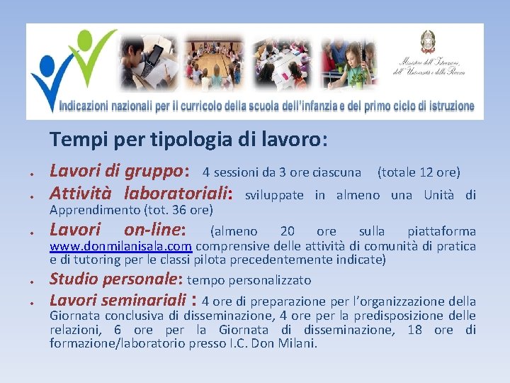 Tempi per tipologia di lavoro: Lavori di gruppo: 4 sessioni da 3 ore ciascuna