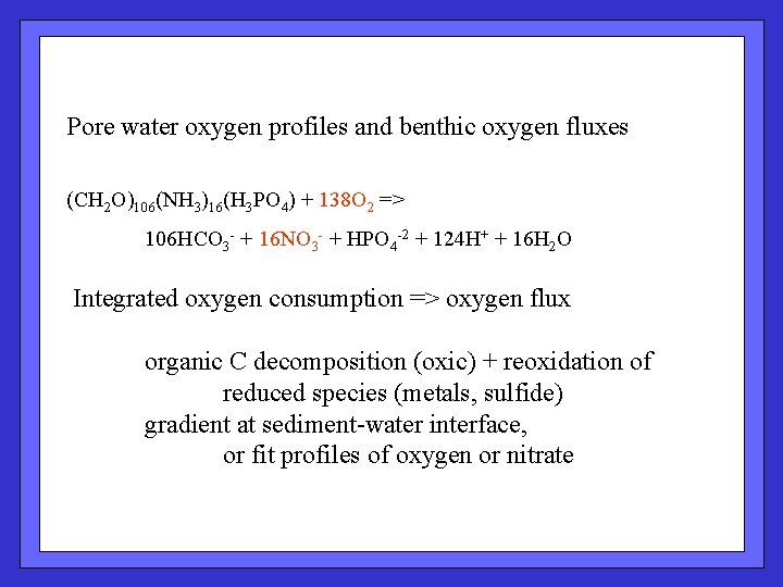 Pore water oxygen profiles and benthic oxygen fluxes (CH 2 O)106(NH 3)16(H 3 PO
