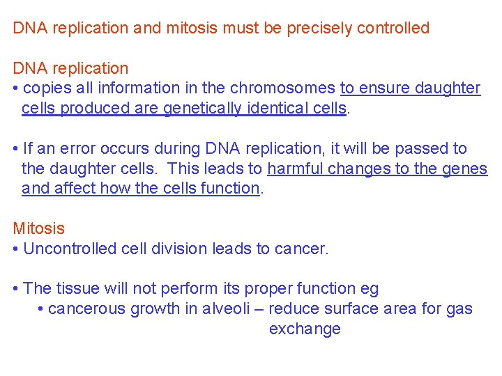 DNA replication and mitosis must be precisely controlled DNA replication • copies all information