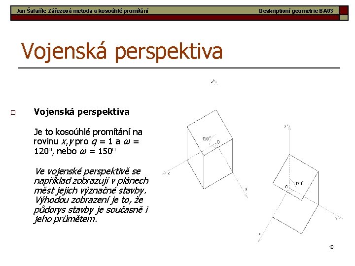 Jan Šafařík: Zářezová metoda a kosoúhlé promítání Deskriptivní geometrie BA 03 Vojenská perspektiva o