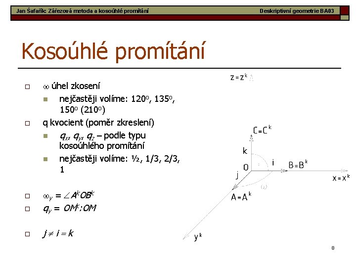 Jan Šafařík: Zářezová metoda a kosoúhlé promítání Deskriptivní geometrie BA 03 Kosoúhlé promítání o