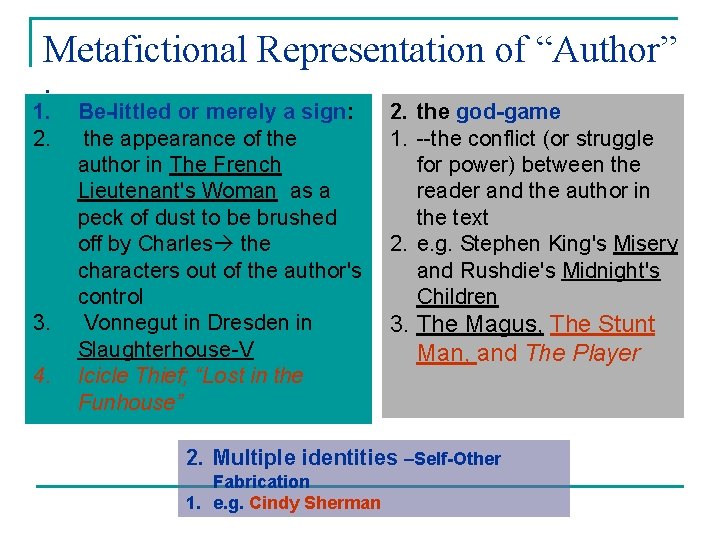 Metafictional Representation of “Author” : 1. Be-littled or merely a sign: 2. the god-game