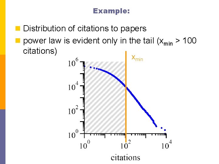Example: n Distribution of citations to papers n power law is evident only in