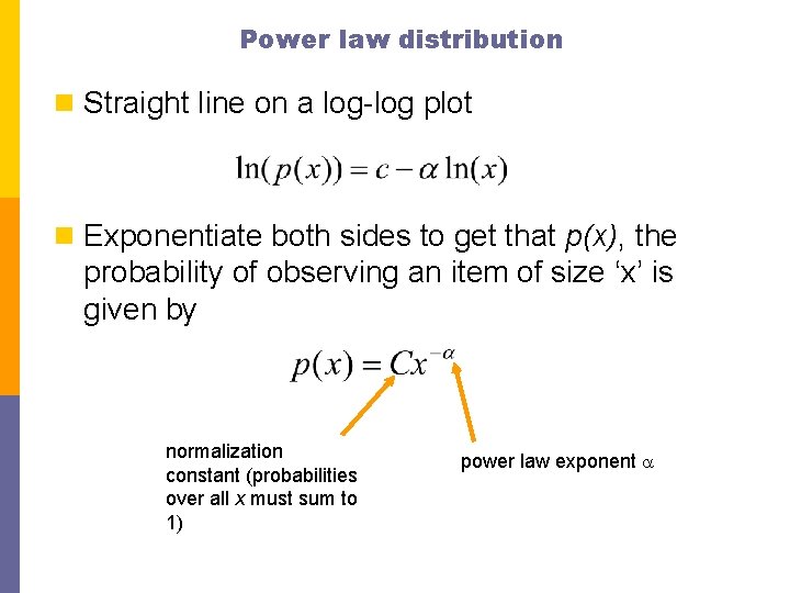 Power law distribution n Straight line on a log-log plot n Exponentiate both sides
