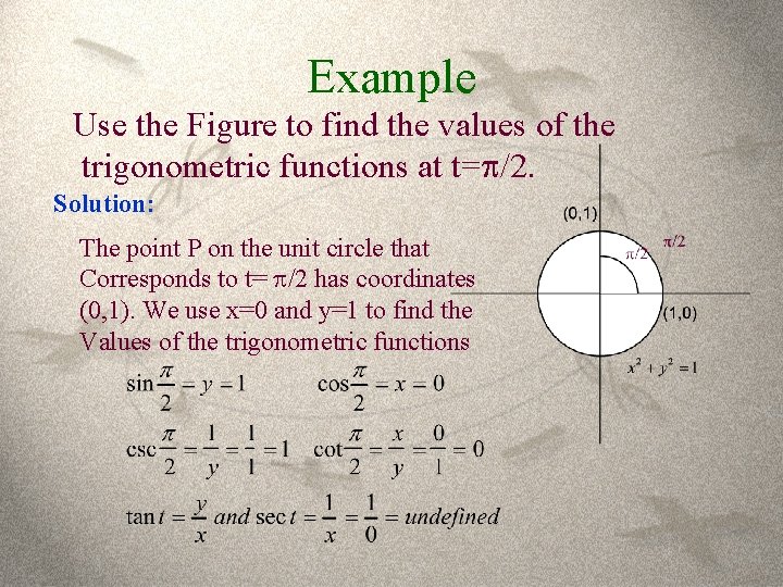 Example Use the Figure to find the values of the trigonometric functions at t=