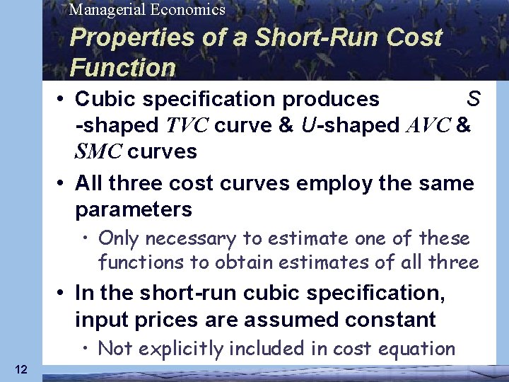 Managerial Economics Properties of a Short-Run Cost Function • Cubic specification produces S -shaped