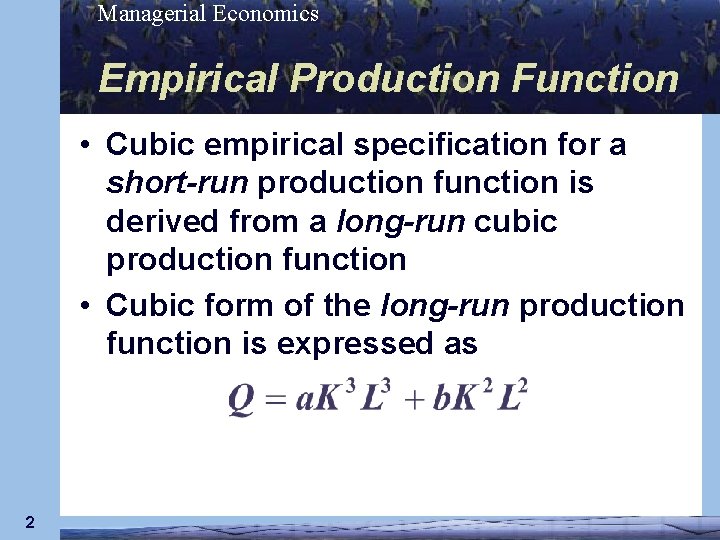 Managerial Economics Empirical Production Function • Cubic empirical specification for a short-run production function