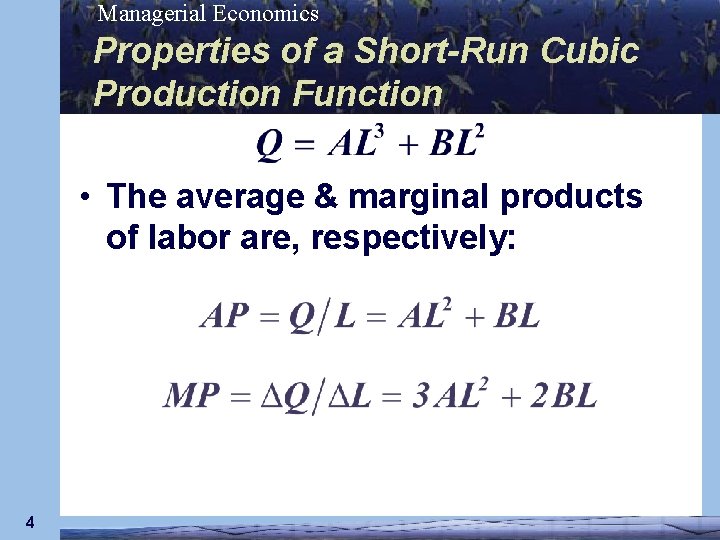 Managerial Economics Properties of a Short-Run Cubic Production Function • The average & marginal