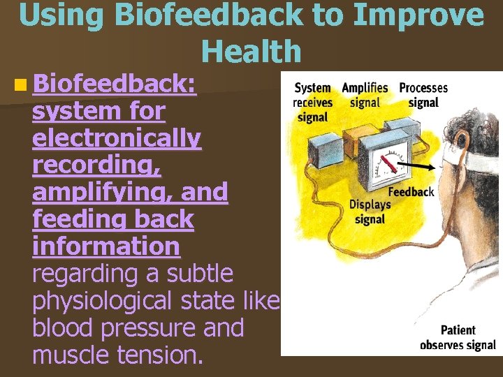 Using Biofeedback to Improve Health n Biofeedback: system for electronically recording, amplifying, and feeding