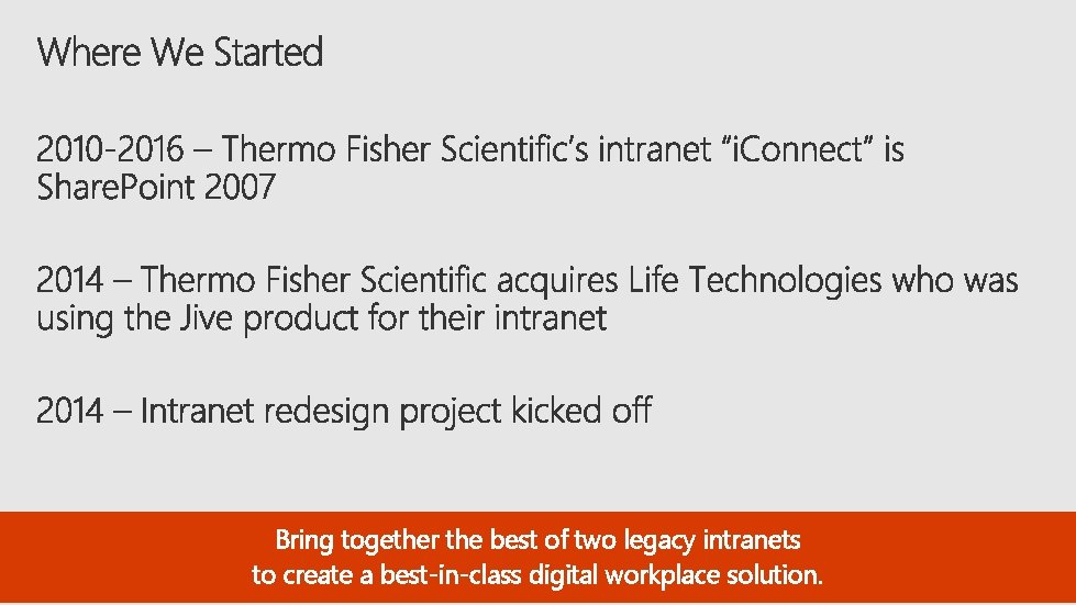 Bring together the best of two legacy intranets to create a best-in-class digital workplace Bring together the best of two legacy intranets to create a best-in-class digital workplace