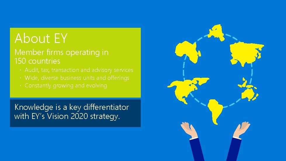 About EY Member firms operating in 150 countries Audit, tax, transaction and advisory services About EY Member firms operating in 150 countries Audit, tax, transaction and advisory services