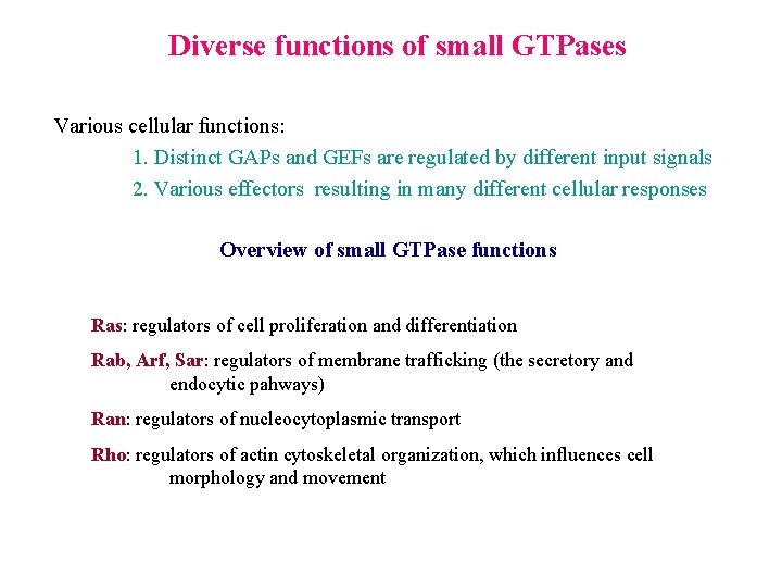 Diverse functions of small GTPases Various cellular functions: 1. Distinct GAPs and GEFs are