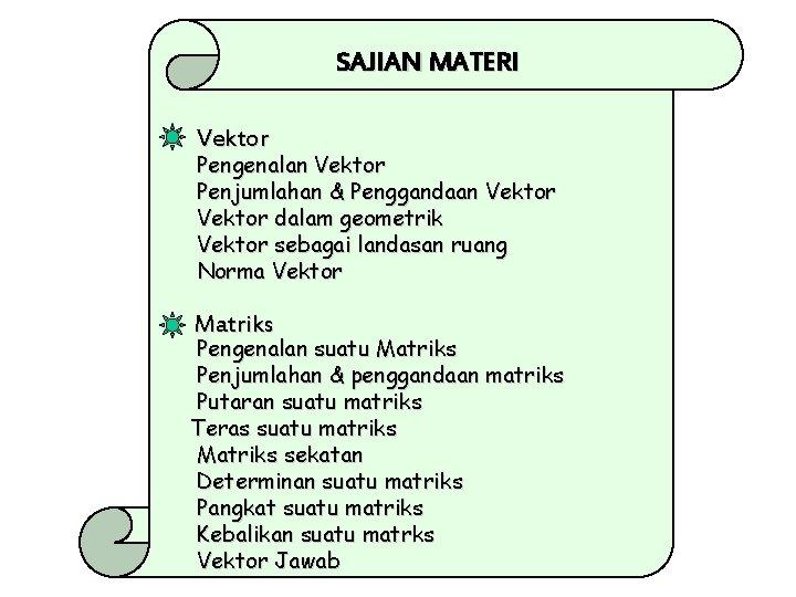 SAJIAN MATERI Vektor Pengenalan Vektor Penjumlahan & Penggandaan Vektor dalam geometrik Vektor sebagai landasan