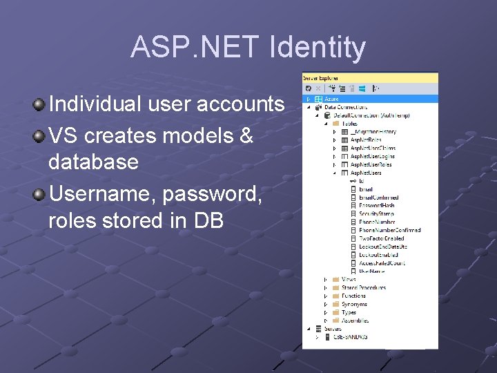 ASP. NET Identity Individual user accounts VS creates models & database Username, password, roles