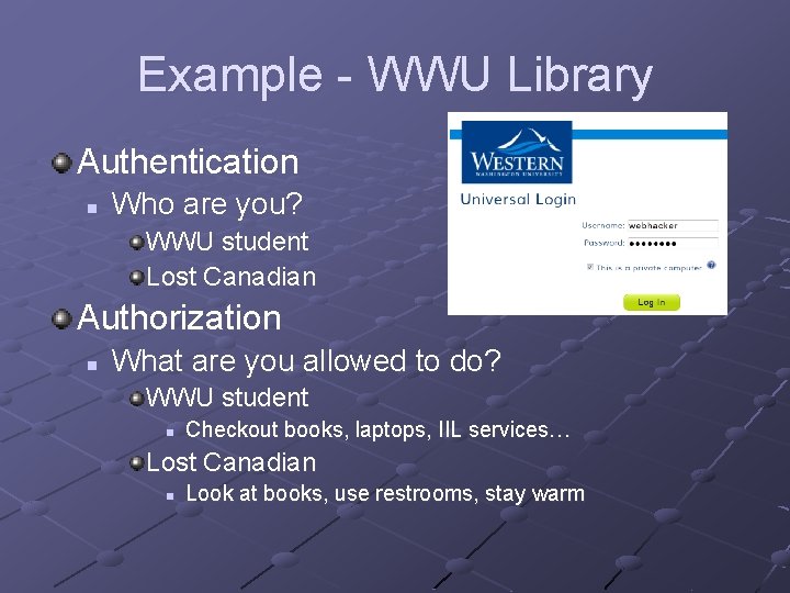 Example - WWU Library Authentication n Who are you? WWU student Lost Canadian Authorization