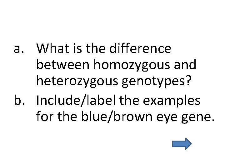 a. What is the difference between homozygous and heterozygous genotypes? b. Include/label the examples