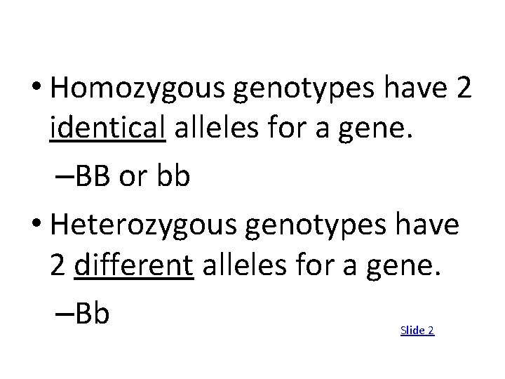  • Homozygous genotypes have 2 identical alleles for a gene. –BB or bb