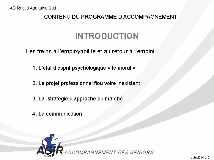 AGIRabcd Aquitaine Sud CONTENU DU PROGRAMME D’ACCOMPAGNEMENT INTRODUCTION Les freins à l’employabilité et au
