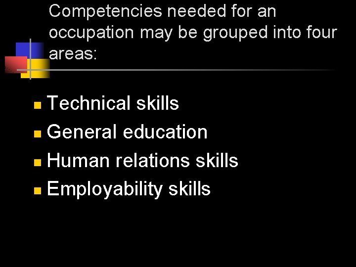 Competencies needed for an occupation may be grouped into four areas: Technical skills n