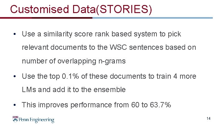 Customised Data(STORIES) • Use a similarity score rank based system to pick relevant documents Customised Data(STORIES) • Use a similarity score rank based system to pick relevant documents