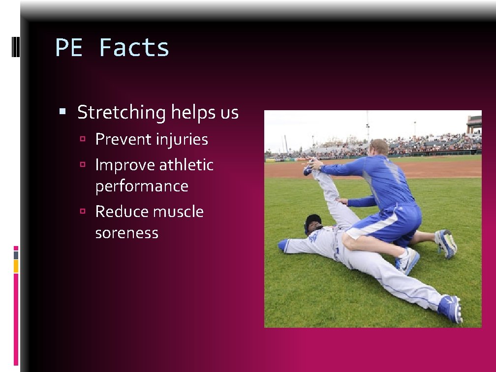 PE Facts Stretching helps us Prevent injuries Improve athletic performance Reduce muscle soreness 