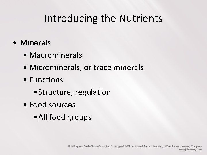 Introducing the Nutrients • Minerals • Macrominerals • Microminerals, or trace minerals • Functions