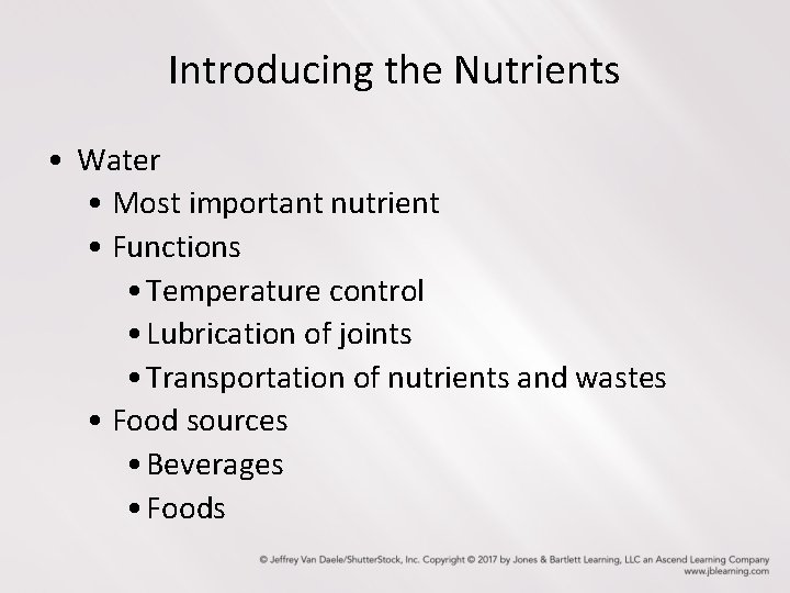 Introducing the Nutrients • Water • Most important nutrient • Functions • Temperature control