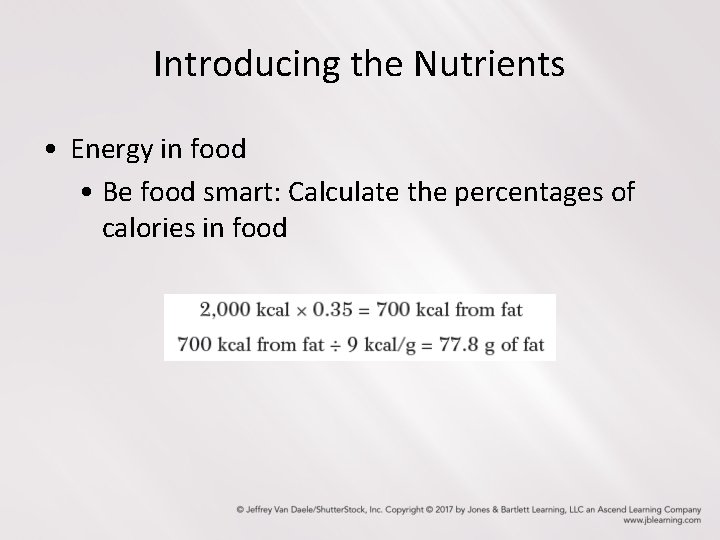 Introducing the Nutrients • Energy in food • Be food smart: Calculate the percentages