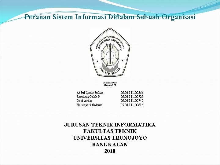 Peranan Sistem Informasi Didalam Sebuah Organisasi Di susun oleh : Kelompok III Abdul Qodir