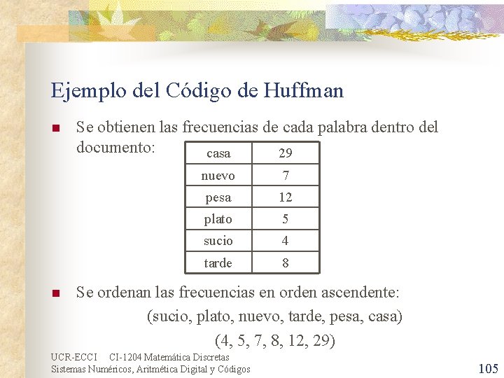 Ejemplo del Código de Huffman n n Se obtienen las frecuencias de cada palabra