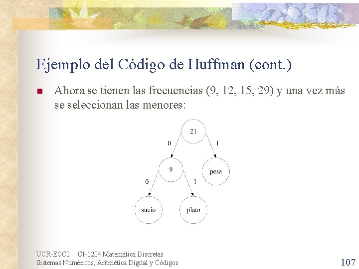 Ejemplo del Código de Huffman (cont. ) n Ahora se tienen las frecuencias (9,