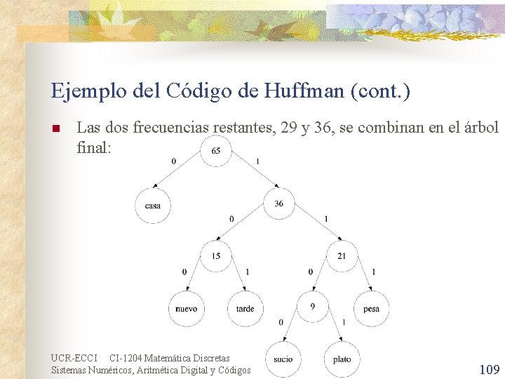 Ejemplo del Código de Huffman (cont. ) n Las dos frecuencias restantes, 29 y