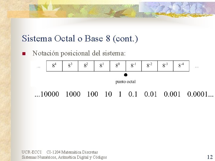 Sistema Octal o Base 8 (cont. ) n Notación posicional del sistema: UCR-ECCI CI-1204